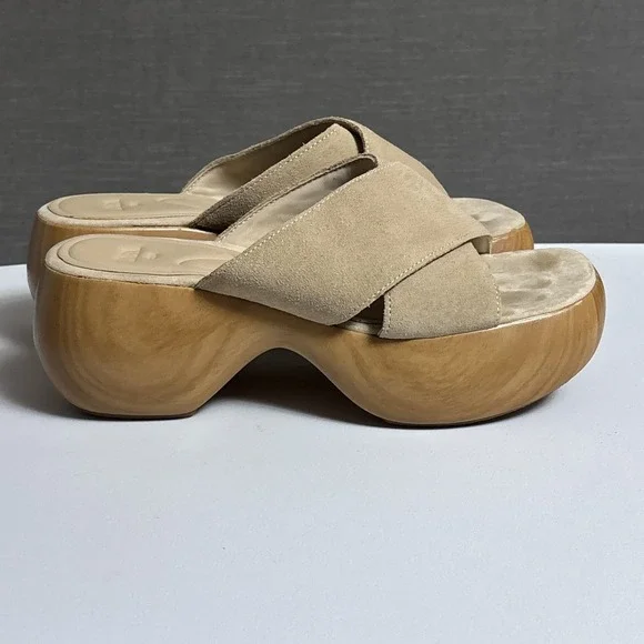 Zara Sandals 38 Beige Sand Nude Suede Platform Clog Shoes Faux Wood Chunky Heels - Picture 4 of 14